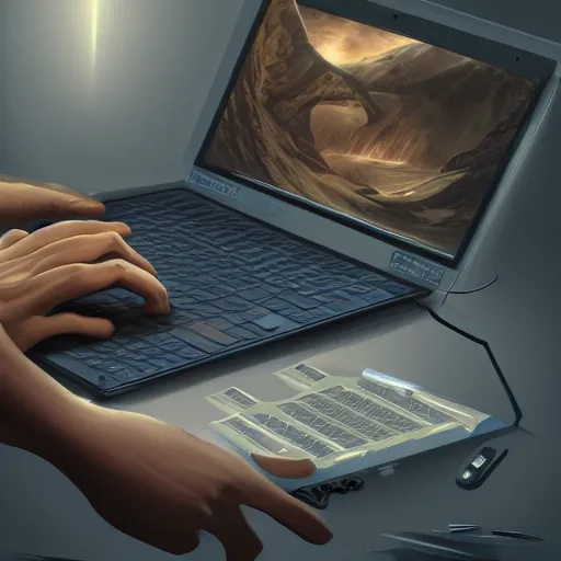 Image similar to realistic man using laptop in super tech room, artstation trends, concept art, highly detailed, intricate, sharp focus, digital art, 8 k