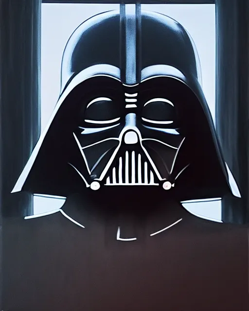 Image similar to acrylic painting portrait of darth vader looking through a large window into outer space, high production value, intricate details, high resolution, hdr, high definition, masterpiece, realistic, ultrarealistic, highly detailed, hd, sharp focus, non blurry, sharp, smooth