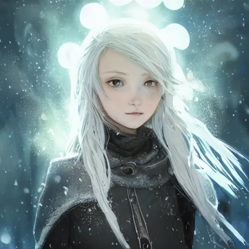 Prompt: highly detailed portrait of a pretty frostpunk mage young lady with wavy blonde hair, by Dustin Nguyen, Akihiko Yoshida, Greg Tocchini, Greg Rutkowski, Cliff Chiang, 4k resolution, nier:automata inspired, bravely default inspired, vibrant but dreary northern lights color scheme!!! ((Ice and snow covered background))