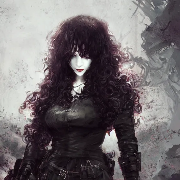 Image similar to christina hendricks goth, tankoban, 4 k, tone mapping, akihiko yoshida, james jean andrei riabovitchev marc simonetti, yoshitaka amano, long hair, curly, h. hydrochaeri