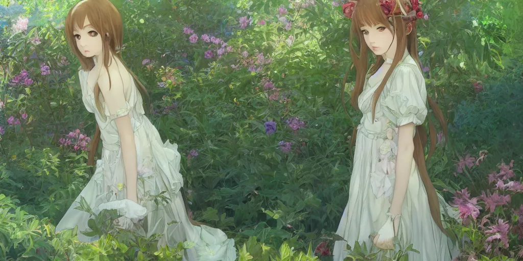Prompt: a digital art of a loli with long hair in a dress in the privet garden at after noon, green and warm theme, by krenz cushart and mucha and akihito yoshida and greg rutkowski and makoto shinkai, long shot, back lighting, detailed eyes, 4 k resolution, trending on art station