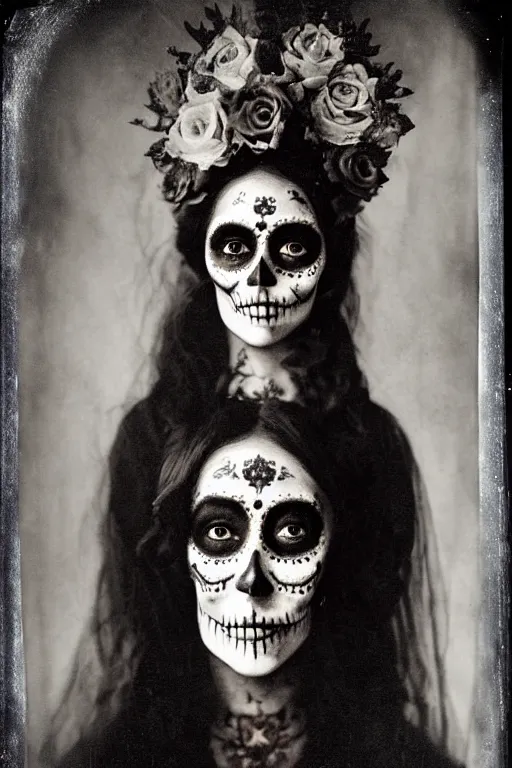 Prompt: tintype 1 8 9 0's virgin mary dia de muertos dress and make up, horrific beautiful vibe, evocative, atmospheric lighting, painted, intricate, highly detailed, leesha hannigan, wayne haag, reyna rochin, ignacio fernandez rios, mark ryden, iris van herpen, stunning, gorgeous, sharp focus, cinematic, masterpiece