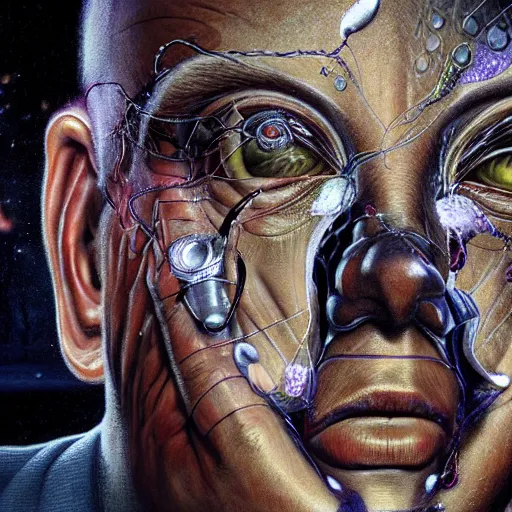 Prompt: full face close up portrait, sandman's visions of chaos in a cybernetic dream, by peter woodroffe, by igor morski, by laurie lipton, in a jungle, cinematic lighting, volumetric lighting, neosurrealism, realistic shadows, particle effects, rendered in octane, noir, electric, cosmic, cybernetics, dream