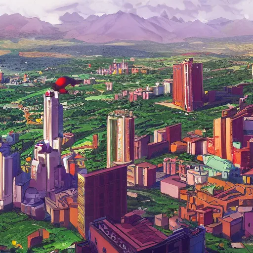 Image similar to City of Armenia Quindio depicted in Evangelion TV Show, Artwork by Gainax Studio (1996), official media, concept art, 8k, pixiv, high definition, wallpaper, hd, digital artwork