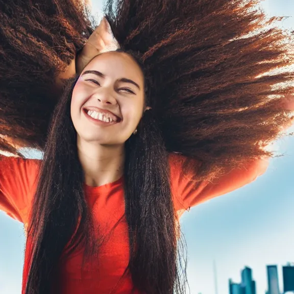 Image similar to portrait of 2 5 - year - old woman godess with angle 1 0 0 ° centred looking away fresh air, strong spirit and look happy, background city blured futuristic