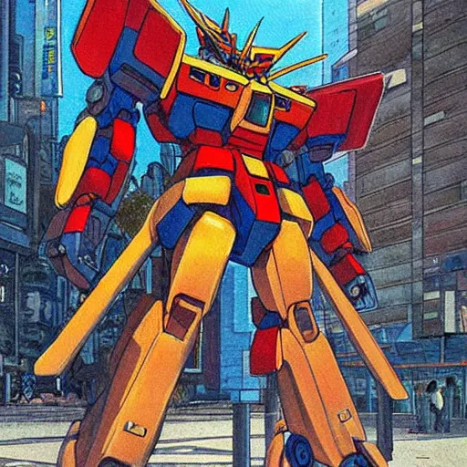 Image similar to a beautiful painting of a large gundam walking through a Japanese city by moebius