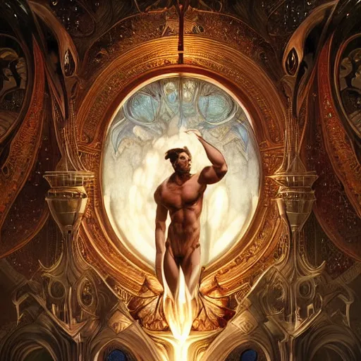 Prompt: portrait of a heavenly god, male, masculine, celestial, full body, muscular, fantasy, intricate, elegant, dramatic lighting, highly detailed, digital painting, artstation, concept art, matte, sharp focus, illustration, art by artgerm and greg rutkowski and alphonse mucha