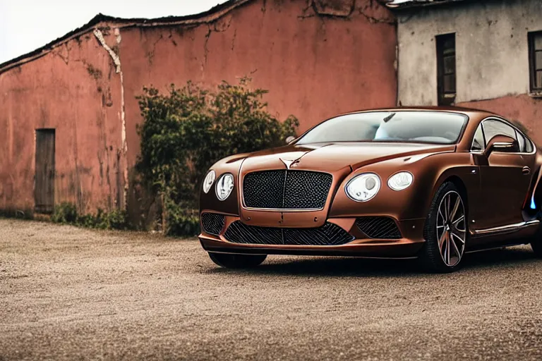 Image similar to modern rusty matte tired Bentley Continental GT without gloss no reflections drives along the road of an old Russian village with houses at the edges