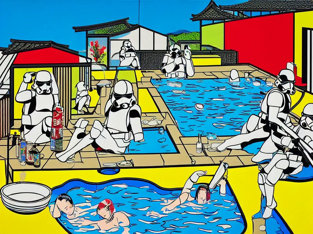 Prompt: hyperrealism composition of the japanese house with a hot springs in the garden, two detailed stormtroopers bathe in a hot spring, pop - art style, jacky tsai style, andy warhol style, roy lichtenstein style, acrylic on canvas