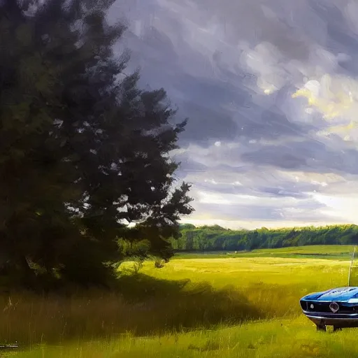 Prompt: green 1967 Ford Mustang GT, Swedish countryside, freedom, dawn, beautiful blonde woman, atmospheric, wlop, artstation, painting by Vladimir Volegov