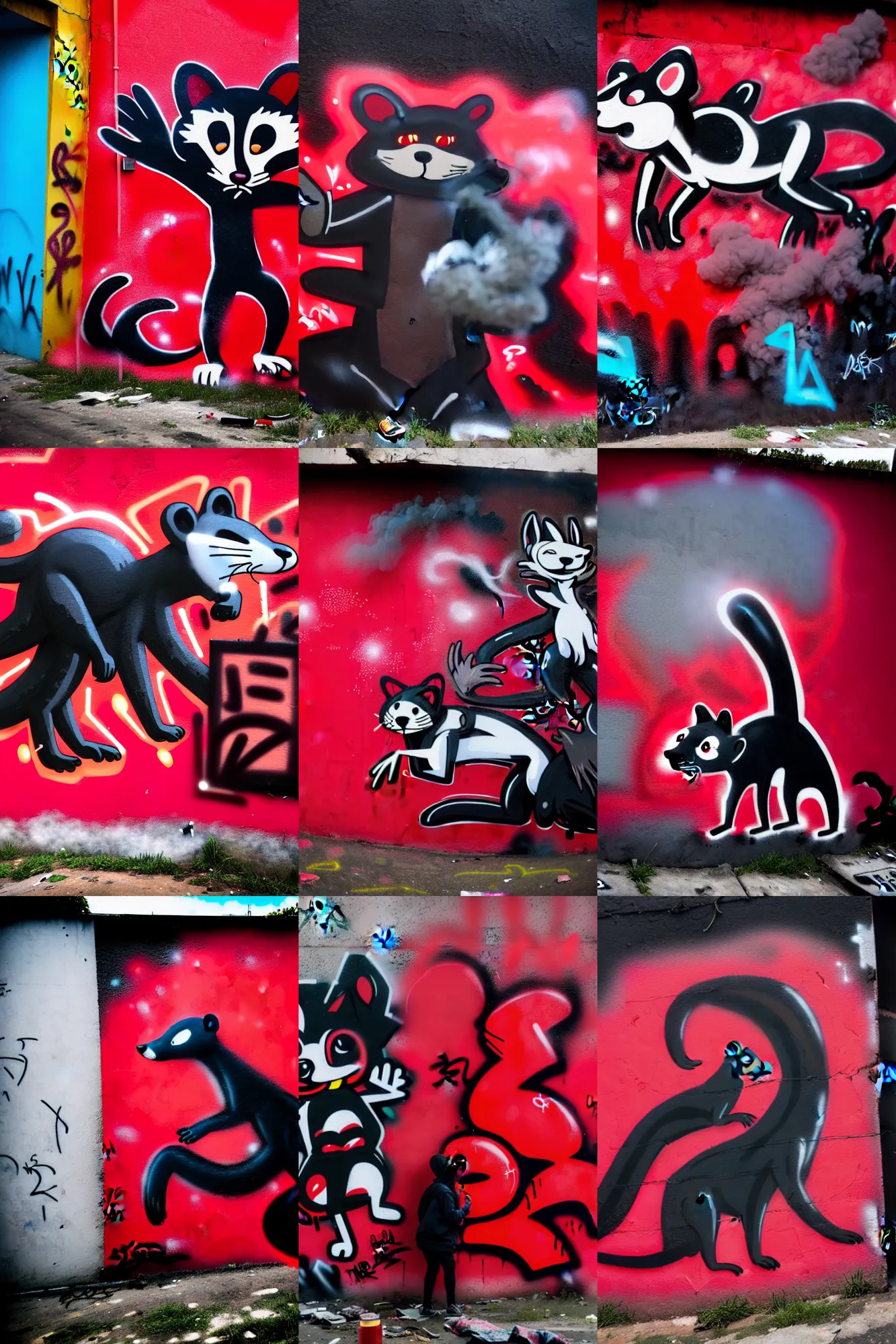 Prompt: photo ( far _ shot ), subject [ furry _ fandom _ fursona _ original _ character ( red - black, anthropomorphic _ humanoid, weasel - ferret - stoat ) ], background ( dark _ smoke ), medium [ graffiti ( spray _ paint, concrete _ wall ) ], location ( favela )