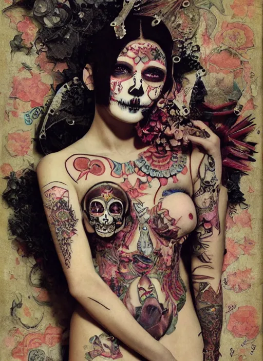 Prompt: cute punk goth fashion fractal Día de los Muertos tattoed girl posing by Zhang Jingna, surreal Dada collage by Man Ray Kurt Schwitters Hannah Höch Alphonse Mucha