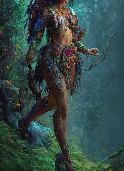 Image similar to detailed full body concept colorful fantasy painting of a forest huntress in intricate clothing, cinematic lighting, hyperdetailed, 8k, high resolution, insanely detailed and intricate, octane render