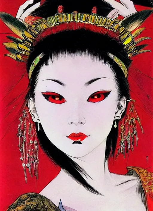 Image similar to female korean vampiress, jeweled headdress, heavy mascara, strong line, saturated color, beautiful! coherent! by frank frazetta, high contrast, minimalism
