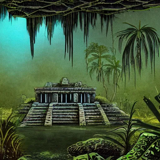 Image similar to a sunken aztec temple in the florida everglades, partly underwater, moss, vines, dark, creepy, in a historical illustration style, detailed