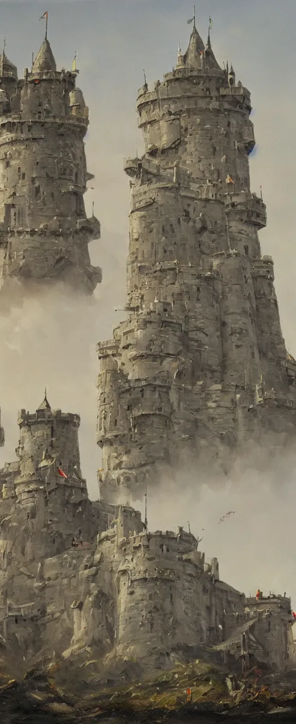 Prompt: painting of a futuristic imperial castle guarded by many soldiers