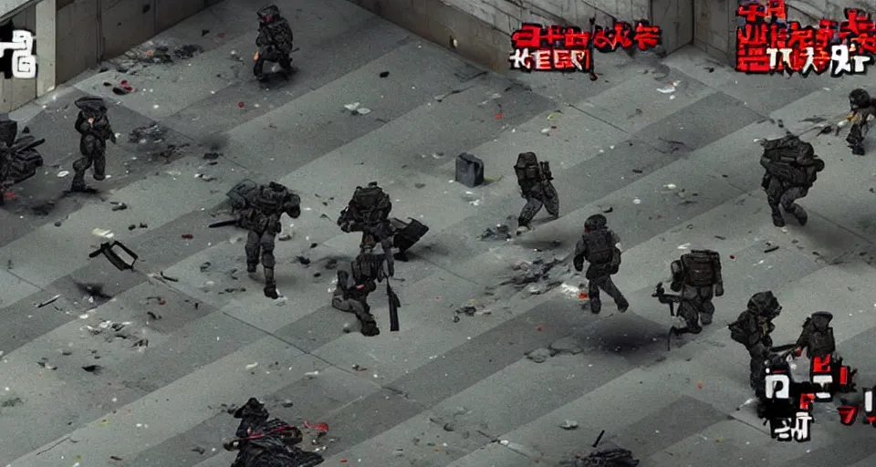 Image similar to 1996 Video Game Screenshot of Neo-tokyo Cyborg bank robbers vs police, Set inside of Parking Garage, Dark, Multiplayer set-piece Ambush, Tactical Squads :10, Police officers under heavy fire, Suppressive fire, Pinned down, Destructible Environments, Gunshots, Headshot, Bullet Holes and Anime Blood Splatter, :10 Gas Grenades, Riot Shields, MP5, AK45, MP7, P90, Chaos, Anime Machine Gun Fire, Gunplay, Shootout, :14 FLCL + Akira, Cel-Shaded:15, Created by Katsuhiro Otomo + Studio Gainax + Trending on Artstation: 20