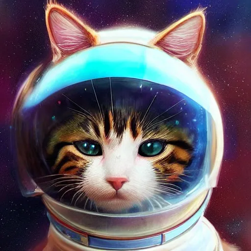 Image similar to head and shoulders masterpiece portrait of a cute adorable cat wearing a spacesuit, surreal background, digital art by krenz cushart, trending on artstation, cgsociety,