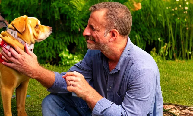 Image similar to My dad Steve just took a hit from the bongo and have good time being gracefully relaxed in the garden, sunset lighting. My second name is Carell. My dad second name is Carell. Im the dog and Steve Carell is my dad. Detailed face. Dog is long