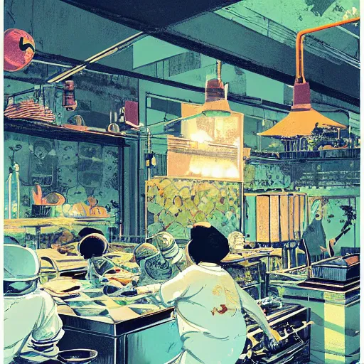 Image similar to illustration of Courageous chef's kitchen, by Victo Ngai and James Gilleard and Bruce Pennington