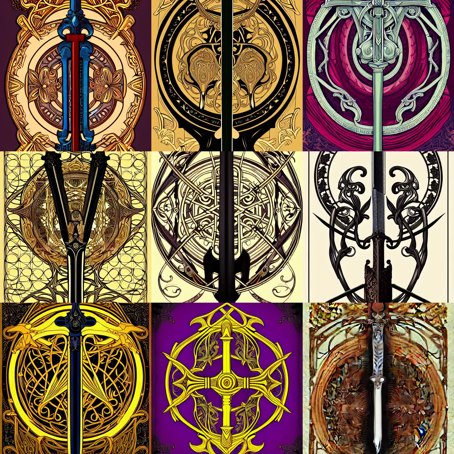 Prompt: ornate floating symmetrical sword, illustration, elegant, digital painting, art nouveau