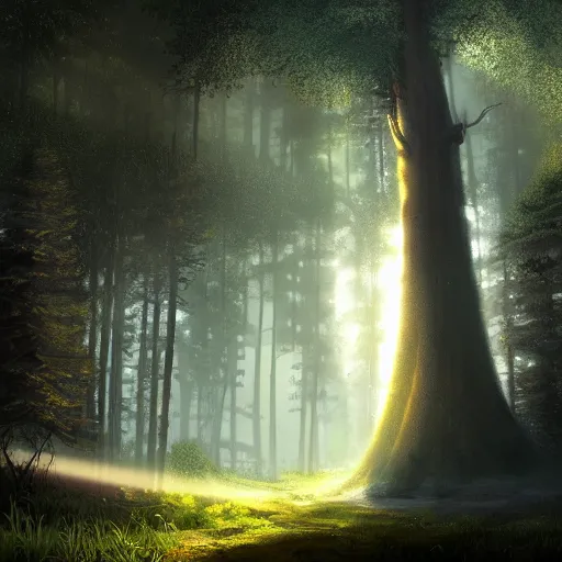 Image similar to a fairy huge sequoia, rays of light, atmospheric, matte-painting, trending on artstation