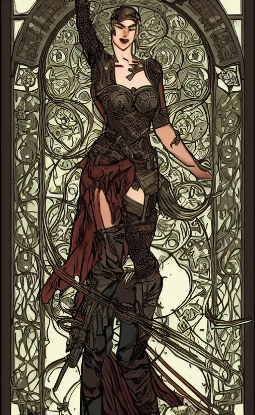 Image similar to armored woman in medieval setting fantasy style, digital art, dark and gritty style, drawn by alphonse mucha