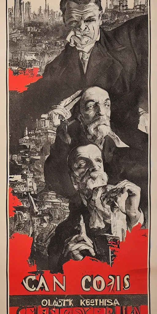 Image similar to 1 9 0 8 capitalism propaganda poster, black and white engraving on antique yellowed paper, with red ink used for emphasis, eastern european look, serious face of leader in the middle of poster, with intricate imagery of buildings and factories and laborers in the background