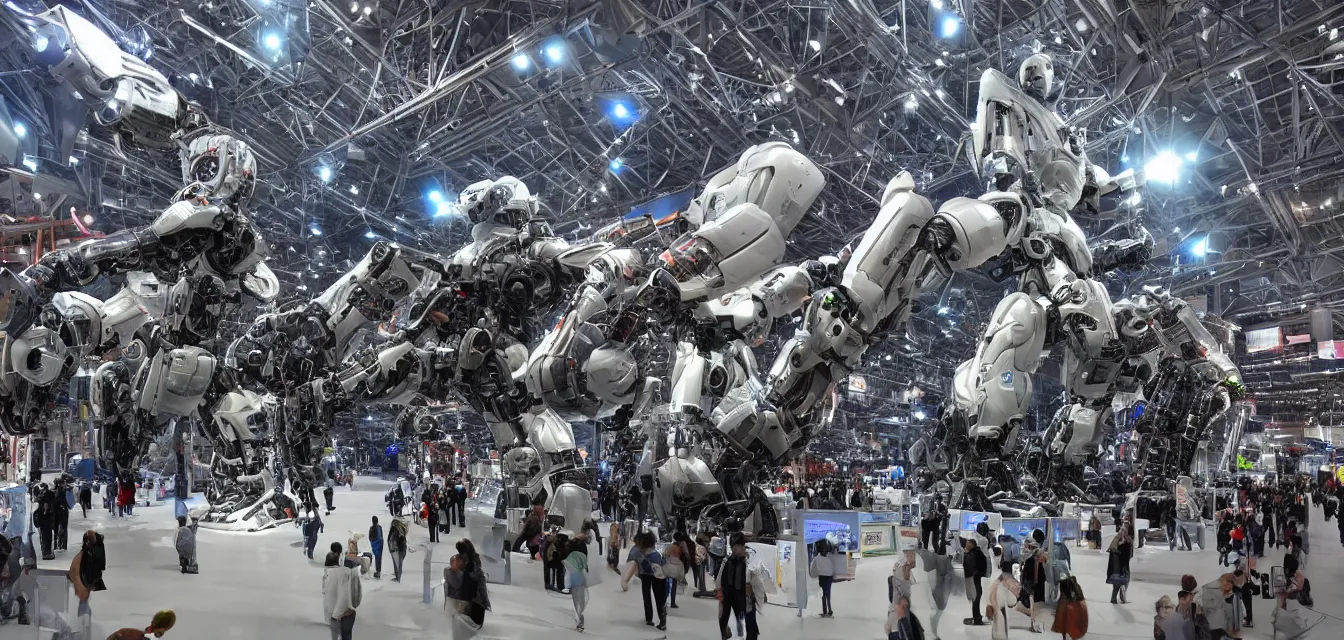 Image similar to A view of the world biggest exhibition of futuristic robots, space full of interesting incredible mechanisms and mechs, photorealistic image, lighting from spotlights, reflections, refractions, new physics, wow atmosphere