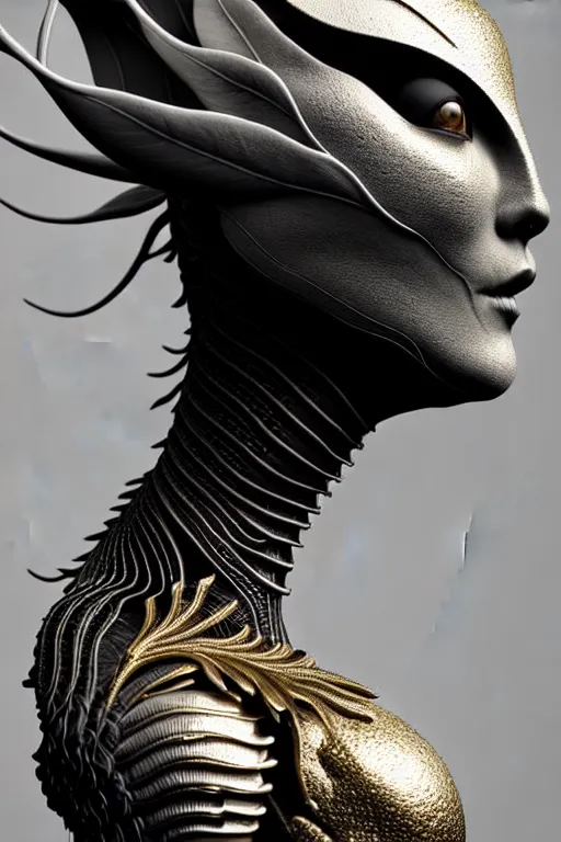 Image similar to bw close - up profile face, black background, beautiful young porcelain vegetal - dragon - cyborg - female, 1 5 0 mm, beautiful natural soft rim light, silver gold details, magnolia leaves and stems, roots, mandelbot fractal, elegant, ultra detailed, white metallic armour, octane render, h. r. giger style