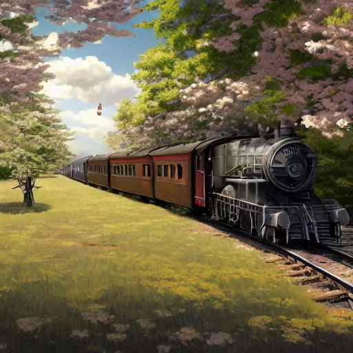 Image similar to concept art painting of a historic transverse view of a steam train, the train carries a cherry tree in flower, realistic, detailed, cel shaded, in the style of makoto shinkai and greg rutkowski and james gurney