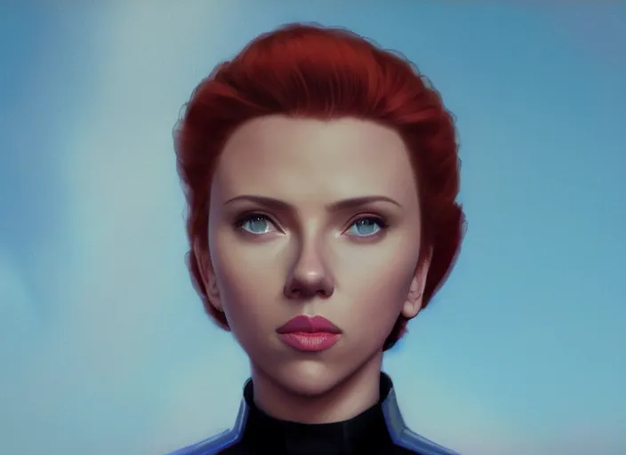 Image similar to a disney film still of scarlett johansson as a star trek officer, finely detailed features, closeup of the face, perfect art, dusk, blue hour, gapmoe yandere grimdark, trending on pixiv fanbox, painted by greg rutkowski, makoto shinkai, takashi takeuchi, alphonse mucha, akihiko yoshida