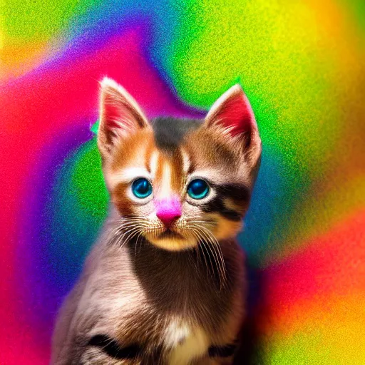 Image similar to full body pose, hyperrealistic photograph of a magic rainbow kitten, dim volumetric lighting, 8 k, octane beautifully detailed render, extremely hyper detailed, intricate, epic composition, cinematic lighting, masterpiece, trending on artstation, very very detailed, stunning, hdr, smooth, sharp focus, high resolution, award, winning photo, dslr, 5 0 mm