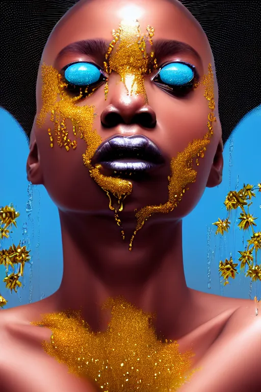 Prompt: hyperrealistic precisionist cinematic profile very expressive! black oshun goddess, in water! up to shoulders, mirror dripping droplet!, gold flowers, highly detailed face, digital art masterpiece, smooth eric zener cam de leon, dramatic pearlescent turquoise light on one side, low angle uhd 8 k f / 2. 8 iso 8 0 0