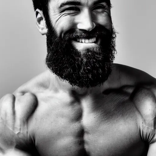 Prompt: lack and white photography of a very muscular man smiling with a chiseled jawline and trimmed beard