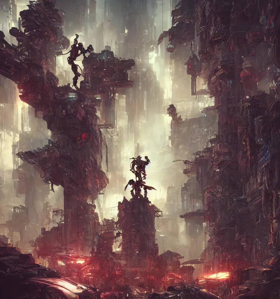 Image similar to cyberpunk gladiator, cinematic, highly detailed, octane render, cg, rich cinematic atmosphere, perfect digital art, mystical journey in strange world, Mystical, cyberpunk, tech war, sci-fi, surreal, glowing lights, sharp focus, high detailed, by Akihiko Yoshida, michael whelan and Karol Bak