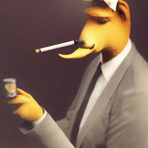 Image similar to a high detail photo of an antropomorphic capybara wearing a suit smoking a cigarrette, subject= duck, subject detail: wearing a suit, subject action: smoking a cigarrette photorealism