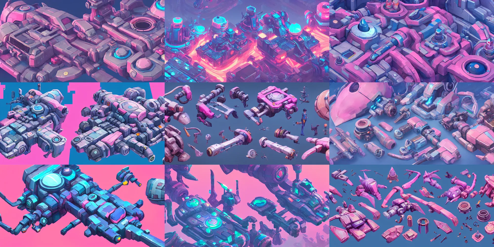 Prompt: game asset of electronic parts and greebles, exploration of shapes and forms, big medium small, in gouache detailed paintings, props, stylized, 2 d sprites, kitbash, arcane, overwatch, blue and pink color scheme, 8 k, close up