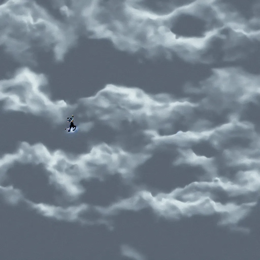 Image similar to a solo scubadiver floating above the clouds, closeup, digital drawing