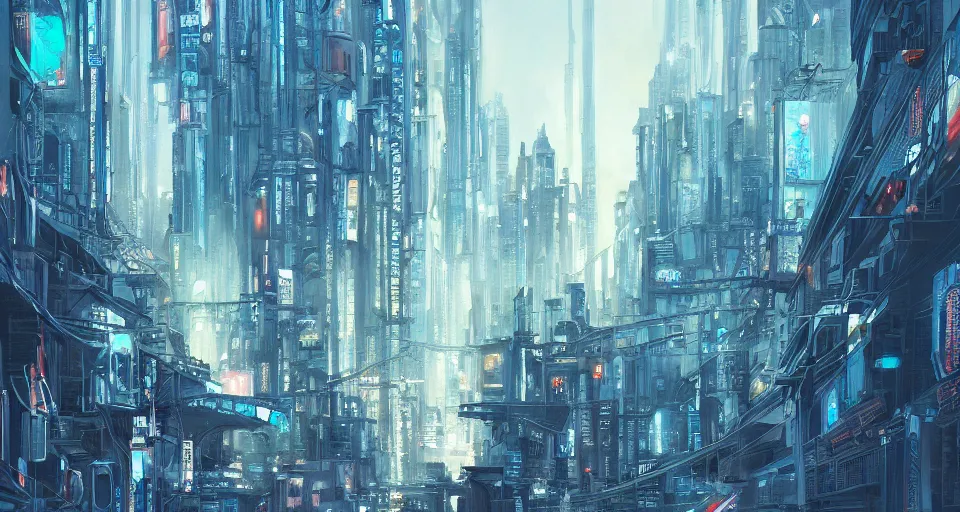 Image similar to a super detailed beautiful painting of a city by shaddy safadi, 8 k, blue hue, warm lighting, cyberpunk trending on artstation