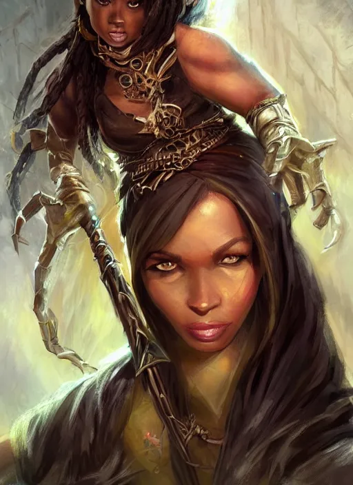 Prompt: black female, ultra detailed fantasy, dndbeyond, bright, colourful, realistic, dnd character portrait, full body, pathfinder, pinterest, art by ralph horsley, dnd, rpg, lotr game design fanart by concept art, behance hd, artstation, deviantart, hdr render in unreal engine 5