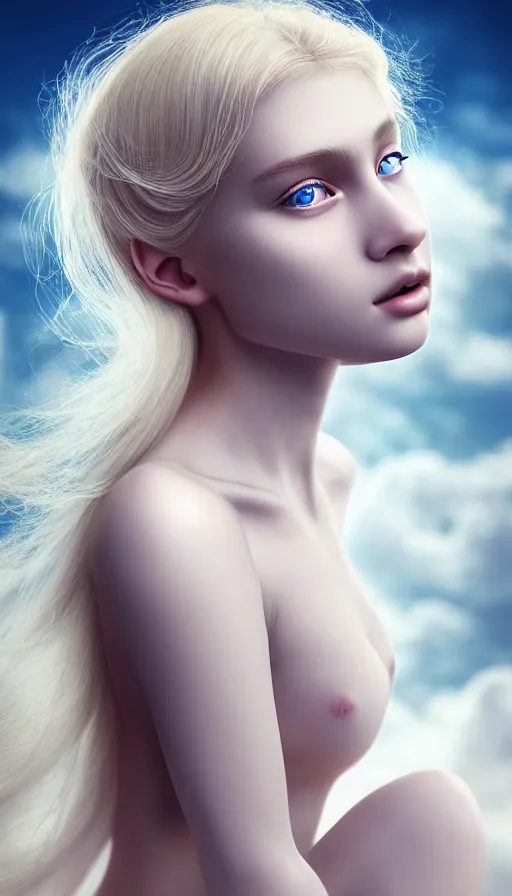 Image similar to photo of purity, a gorgeous blonde young girl , searching for eternity, head in the clouds in the style of stefan kostic, realistic, sharp focus, 8k high definition, high fashion, vogue, insanely detailed, soft light, colorful smoke, intricate, elegant, art by stanley lau and artgerm, sigma 85mm art