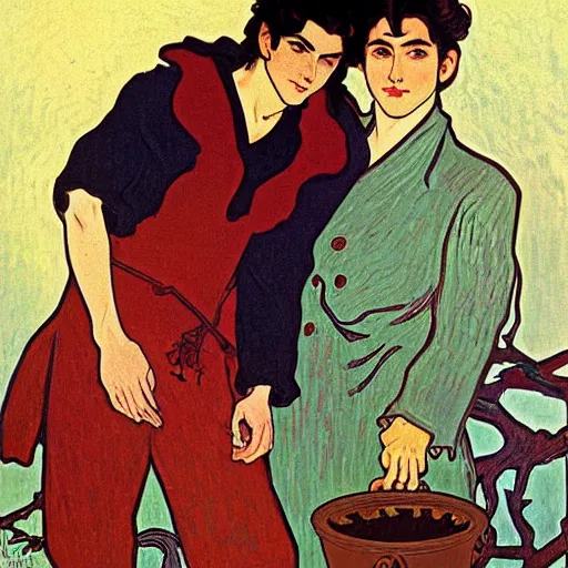 Image similar to painting of young cute handsome beautiful dark medium wavy hair man in his 2 0 s named shadow taehyung and cute handsome beautiful min - jun together at the halloween witchcraft ritual, bubbling cauldron, spells, autumn colors, elegant, modern clothing, soft facial features, delicate facial features, art by alphonse mucha, vincent van gogh, egon schiele