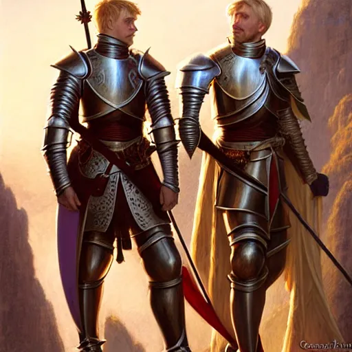 Image similar to attractive arthur pendragon and his favourite attractive male knight, they are in love, camelot, natural lighting, path traced, highly detailed, high quality, digital painting, by gaston bussiere and ross tran and j. c. leyendecker