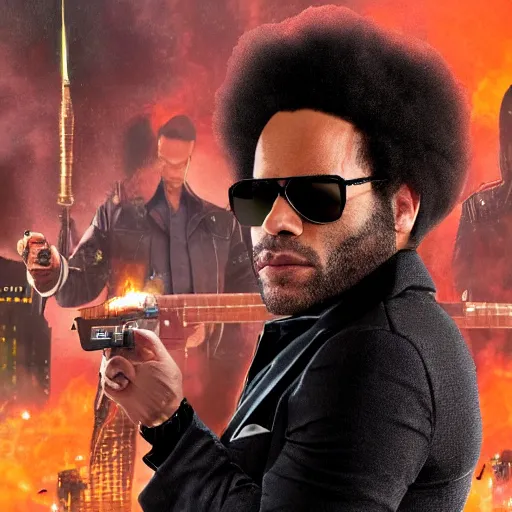 Image similar to lenny kravitz ( with accurate face ) as men in black agent fighting aliens, dynamic movie still, detailed 8 k photorealistic portrait, imdb poster style