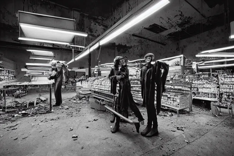 Image similar to girls in welding masks in abandoned supermarket, ominous lighting, by richard avedon, tri - x pan stock