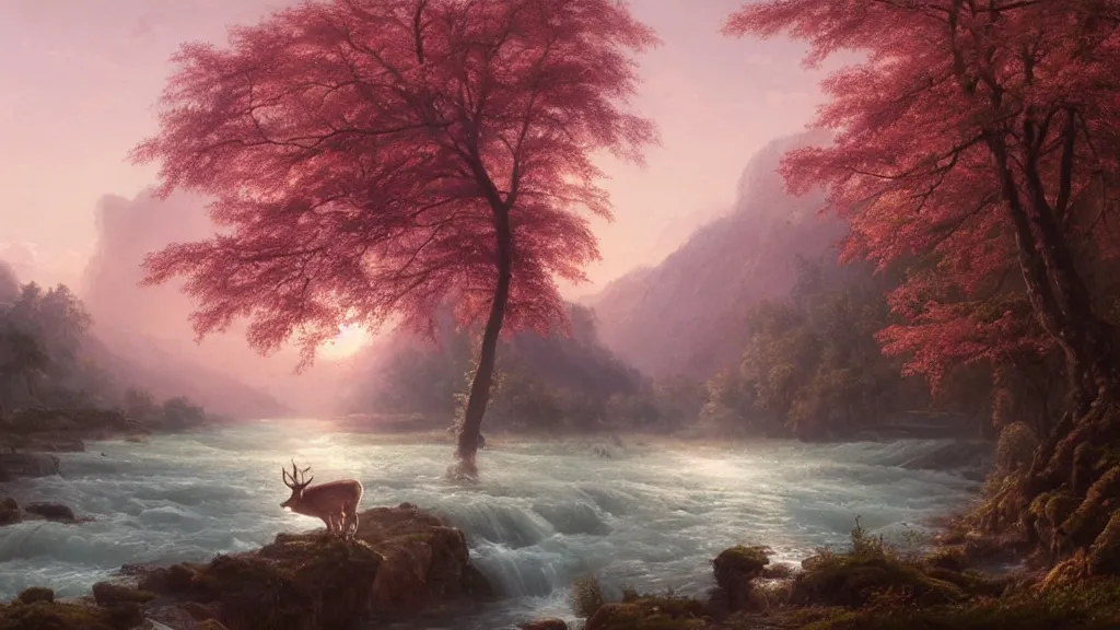 Image similar to the most beautiful panoramic landscape, oil painting, where a giant dreamy waterfall creates a river, the trees around are starting to bloom in pink color, a majestic deer is drinking water from the river and a ray light of the sunset is brightening him, by greg rutkowski