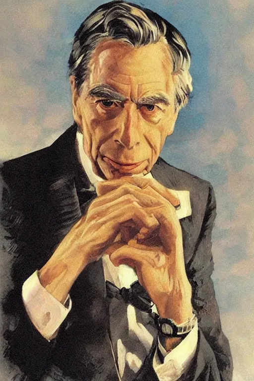 Image similar to “portrait of Bertrand Russell as James Bond, by Robert McGinnis”