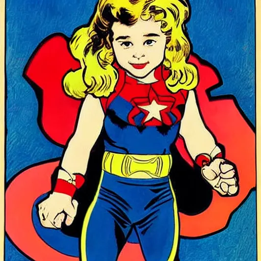 Image similar to a little girl with a mischievous face and light brown curly wavy hair. she is dressed as captain america, spider - man, batman, captain marvel, a superhero. well composed, clean elegant painting, beautiful detailed face. comic book superhero art by steve ditko and jack kirby and alphonse mucha