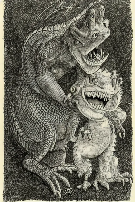 Image similar to an angry lizard, by maurice sendak